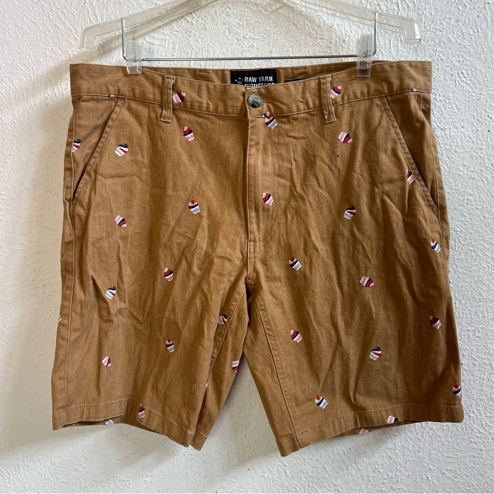 Raw Yarn Industries tan cupcake print twill shorts